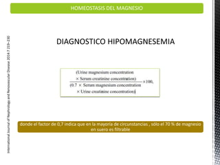 HOMEOSTASIS DEL MAGNESIOInternationalJournalofNephrologyandRenovascularDisease2014:7219–230
donde el factor de 0,7 indica que en la mayoría de circunstancias , sólo el 70 % de magnesio
en suero es filtrable
 