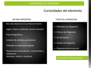 HOMEOSTASIS DEL MAGNESIO
⇨ 8vo abundancia en la corteza terrestre
⇨ Ligero, blanco, plateado, dureza extrema
⇨ Flash fotográficos
⇨ Cohetes de señales y pirotecnia
⇨ Utilizado en aleaciones ligeras
⇨ Aleaciones p aeronáutica , automóviles y
soldaduras
⇨ Aislantes, vidrios y cerámica
⇨ Hidróxido de Magnesio
⇨ Cloruro de Magnesio
⇨ Sal de Epsom
⇨ Citrato de Magnesio
⇨ Oligoelemento escencial
NO NOS IMPORTAN: USOS EN LA MEDICINA:
INCENDIOS POR MAGNESIO
 