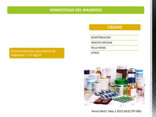 Concentraciones plasmáticas de
magnesio > 2.3 mg/dl
HOMEOSTASIS DEL MAGNESIO
CAUSAS
Yonsei Med J. May 1 2013;54(3):797-800.
REDISTRIBUCION
INGESTA EXCESIVA
FALLA RENAL
OTROS
 