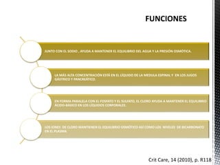 JUNTO CON EL SODIO , AYUDA A MANTENER EL EQUILIBRIO DEL AGUA Y LA PRESIÓN OSMÓTICA.
LA MÁS ALTA CONCENTRACIÓN ESTÁ EN EL LÍQUIDO DE LA MEDULA ESPINAL Y EN LOS JUGOS
GÁSTRICO Y PANCREÁTICO.
EN FORMA PARALELA CON EL FOSFATO Y EL SULFATO, EL CLORO AYUDA A MANTENER EL EQUILIBRIO
ÁCIDO-BÁSICO EN LOS LÍQUIDOS CORPORALES.
LOS IONES DE CLORO MANTIENEN EL EQUILIBRIO OSMÓTICO ASÍ COMO LOS NIVELES DE BICARBONATO
EN EL PLASMA
Crit Care, 14 (2010), p. R118
 