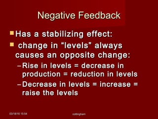 03/18/1603/18/16 15:5415:54 cottinghamcottingham
Negative FeedbackNegative Feedback
 Has a stabilizing effect:Has a stabilizing effect:
 change in “levels” alwayschange in “levels” always
causes an opposite change:causes an opposite change:
– Rise in levels = decrease inRise in levels = decrease in
production = reduction in levelsproduction = reduction in levels
– Decrease in levels = increase =Decrease in levels = increase =
raise the levelsraise the levels
 