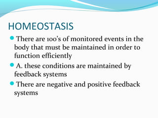 HOMEOSTASIS
There are 100’s of monitored events in the
body that must be maintained in order to
function efficiently
A. these conditions are maintained by
feedback systems
There are negative and positive feedback
systems
 
