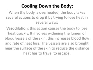 Cooling Down the Body:
When the body is overheated, the body takes
several actions to drop it by trying to lose heat in
several ways:
Vasodilation: this action causes the body to lose
heat quickly. It involves widening the lumen of
blood vessels of the skin, this increases blood flow
and rate of heat loss. The vessels are also brought
near the surface of the skin to reduce the distance
heat has to travel to escape.
 