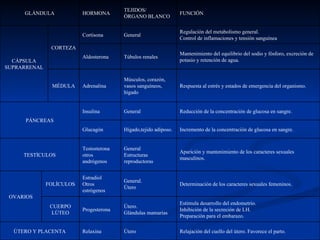 TEJIDOS/
     GLÁNDULA             HORMONA                                 FUNCIÓN
                                         ÓRGANO BLANCO

                                                                  Regulación del metabolismo general.
                          Cortisona      General
                                                                  Control de inflamaciones y tensión sanguínea
               CORTEZA
                                                                  Mantenimiento del equilibrio del sodio y fósforo, excreción de
                          Aldosterona    Túbulos renales
  CÁPSULA                                                         potasio y retención de agua.
SUPRARRENAL

                                         Músculos, corazón,
               MÉDULA     Adrenalina     vasos sanguíneos,        Respuesta al estrés y estados de emergencia del organismo.
                                         hígado


                          Insulina       General                  Reducción de la concentración de glucosa en sangre.
     PÁNCREAS
                          Glucagón       Hígado,tejido adiposo.   Incremento de la concentración de glucosa en sangre.


                          Testosterona   General
                                                                  Aparición y mantenimiento de los caracteres sexuales
     TESTÍCULOS           otros          Estructuras
                                                                  masculinos.
                          andrógenos     reproductoras


                          Estradiol
                                         General.
              FOLÍCULOS   Otros                                   Determinación de los caracteres sexuales femeninos.
                                         Útero
                          estrógenos
 OVARIOS
                                                                  Estimula desarrollo del endometrio.
               CUERPO                    Útero.
                          Progesterona                            Inhibición de la secreción de LH.
               LÚTEO                     Glándulas mamarias
                                                                  Preparación para el embarazo.

  ÚTERO Y PLACENTA        Relaxina       Útero                    Relajación del cuello del útero. Favorece el parto.
 