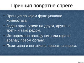 Принцип повратне спреге
• Принцип по којем функционише
хомеостаза.
• Један орган утиче на други, други на
трећи и тако редом.
• Истовремено настају сигнали који се
враћају првом органу.
• Позитивна и негативна повратна спрега.
 