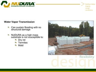 Water Vapor Transmission Can sustain flooding with no structural damage NUDURA as a high mass substrate is not susceptible to: Dry rot Termites Mold 