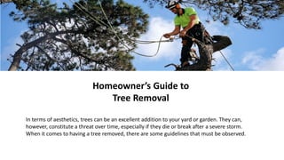 Homeowner’s Guide to
Tree Removal
In terms of aesthetics, trees can be an excellent addition to your yard or garden. They can,
however, constitute a threat over time, especially if they die or break after a severe storm.
When it comes to having a tree removed, there are some guidelines that must be observed.
 