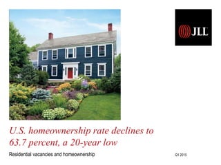 U.S. homeownership rate declines to
63.7 percent, a 20-year low
Residential vacancies and homeownership Q1 2015
 