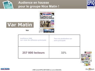 Audience en hausse pour le groupe Nice Matin ! LNM Cumul EPIQ 2007/2009 (vs cumul 2006/2008) Taux de pénétration sur zone principale 257 000 lecteurs 32%