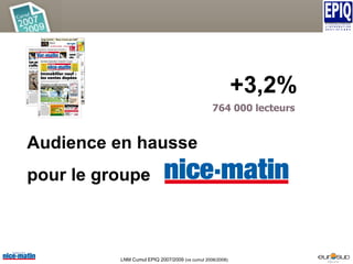 Audience en hausse pour le groupe Et  +3,2% LNM Cumul EPIQ 2007/2009  (vs cumul 2006/2008) 1 400 000 lecteurs 