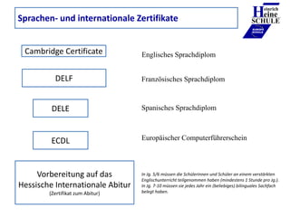 Cambridge Certificate
DELE
Heinrich
eine
SCHULE
____________
EUROPA
SCHULE
Vorbereitung auf das
Hessische Internationale A...