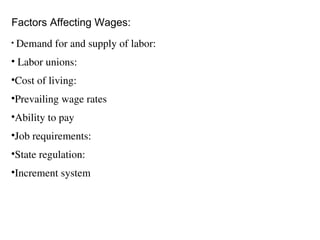Factors Affecting Wages: <ul><li>Demand for and supply of labor:  </li></ul><ul><li>Labor unions:  </li></ul><ul><li>Cost ...