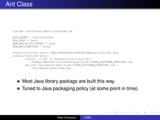 Ant Class



  include /usr/share/cdbs/1/class/ant.mk

  JAVA_HOME = /usr/lib/kaffe
  DEB_JARS = junit
  DEB_ANT_BUILD_TARGET = jars
  DEB_ANT_COMPILER = jikes

  install/libjline-java:: DEB_FINALDIR=$(CURDIR)/debian/libjline-java
  install/libjline-java::
          install -m 644 -D release/jline-0_9_5.jar 
              $(DEB_FINALDIR)/usr/share/java/jline-$(DEB_UPSTREAM_VERSION).jar
          dh_link /usr/share/java/jline-$(DEB_UPSTREAM_VERSION).jar 
              /usr/share/java/jline.jar




        Most Java library packags are built this way.
        Tuned to Java packaging policy (at some point in time).




                                Peter Eisentraut   CDBS
 