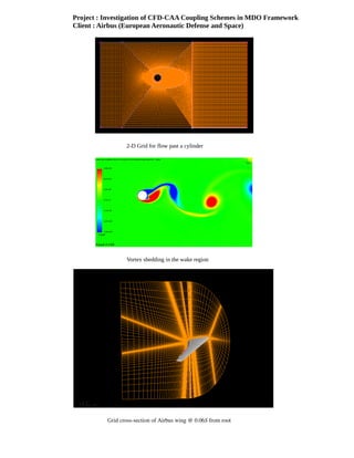 Project : Investigation of CFD-CAA Coupling Schemes in MDO Framework
Client : Airbus (European Aeronautic Defense and Space)




                 2-D Grid for flow past a cylinder




                 Vortex shedding in the wake region




          Grid cross­section of Airbus wing @ 0.06S from root
 