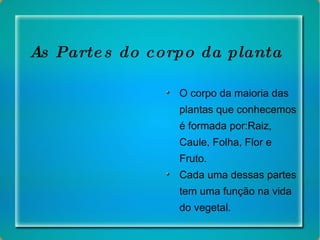 As Partes do corpo da planta O corpo da maioria das plantas que conhecemos é formada por:Raiz, Caule, Folha, Flor e Fruto. Cada uma dessas partes tem uma função na vida do vegetal. 