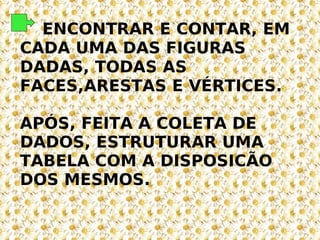ENCONTRAR E CONTAR, EM CADA UMA DAS FIGURAS DADAS, TODAS AS FACES,ARESTAS E VÉRTICES. APÓS, FEITA A COLETA DE DADOS, ESTRUTURAR UMA TABELA COM A DISPOSICÃO DOS MESMOS. 