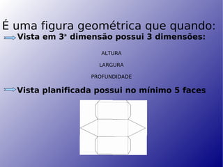 É uma figura geométrica que quando: Vista em 3 ª  dimensão possui 3 dimensões: ALTURA LARGURA PROFUNDIDADE Vista planificada possui no mínimo 5 faces 