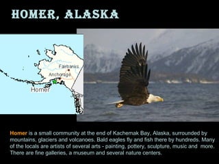 Homer, Alaska Homer  is a small community at the end of Kachemak Bay, Alaska, surrounded by mountains, glaciers and volcanoes.  Bald eagles fly and fish there by hundreds.  Many of the locals are artists of several arts - painting, pottery, sculpture, music and  more. There are fine galleries, a museum and several nature centers.  