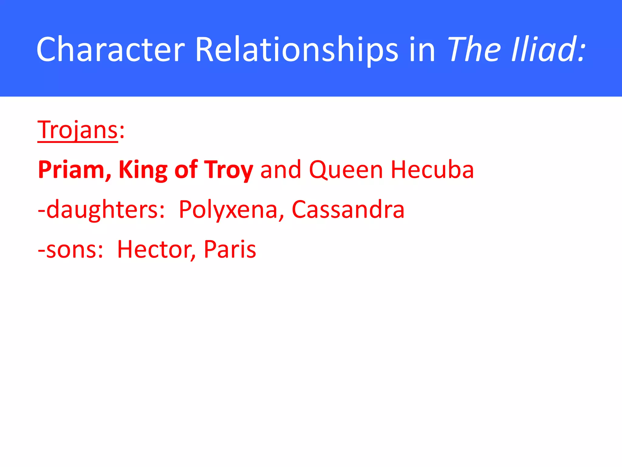 Character Relationships in The Iliad:

Trojans:
Priam, King of Troy and Queen Hecuba
-daughters: Polyxena, Cassandra
-sons: Hector, Paris
 