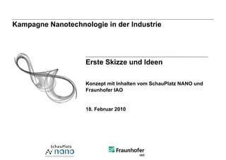 Kampagne Nanotechnologie in der Industrie




                    Erste Skizze und Ideen

                    Konzept mit Inhalten vom SchauPlatz NANO und
                    Fraunhofer IAO


                    18. Februar 2010
 