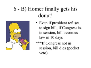 6 - B) Homer finally gets his
          donut!
          • Even if president refuses
            to sign bill, if Congress is
            in session, bill becomes
            law in 10 days
          ***If Congress not in
            session, bill dies (pocket
            veto)
 