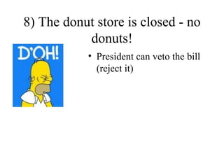 8) The donut store is closed - no
           donuts!
            • President can veto the bill
              (reject it)
 