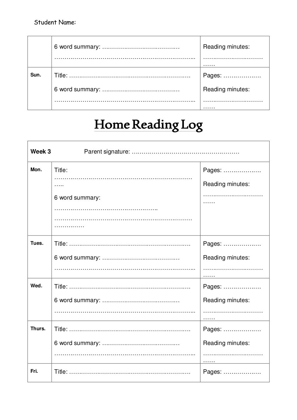 Home reading log