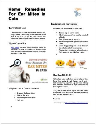 Home Remedies
For Ear Mites in
Cats
Ear Mites in Cats
The ear mite is a surface mite that lives on cats,
dogs, rabbits . It is usually found in the ear canal
but it can also live on the skin surface. The
entire ear mite life cycle takes place on animals.
Signs of ear mites
Ear mites are the most common cause of
feline ear disease and infection. They are the
second most common found on cats; the most
common is the flea.
Symptoms That A Cat Has Ear Mites
• Shaking the head often
• Pain in the ears
• Scratching the ears often
• Hair loss
.
Treatment and Prevention:
Ear Mites can be treated in These ways.
• Take a cup of warm water.
• Mix 1 teaspoon of calendula essential
oil to it.
• Add ½ teaspoon of sea salt.
• Mix the ingredients properly in warm
water.
• Use a dropper to pour 4 to 5 drops of
the solution into the ear canals.
• Repeat the remedy on alternate days
for 2 weeks to get rid of ear mites.
•
How Does This Work?
Calendula Also called as, pot marigold, this
herb has natural anti-fungal and anti-
inflammatory properties. Apart from killing
the parasites, calendula is highly effective in
healing the wounds.
Also, the soluble sterols repair the skin while
the linoleic acid acts as an anti-inflammatory
and soothes the discomfort.
NOTE:
For More Tips visit https://www.livealittlelonger.com/
 