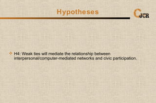 Hypotheses
 H4: Weak ties will mediate the relationship between
interpersonal/computer-mediated networks and civic partic...