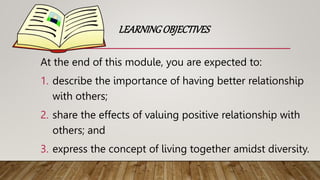 LEARNINGOBJECTIVES
At the end of this module, you are expected to:
1. describe the importance of having better relationship
with others;
2. share the effects of valuing positive relationship with
others; and
3. express the concept of living together amidst diversity.
 