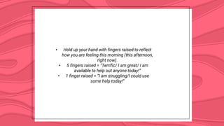 • Hold up your hand with fingers raised to reflect
how you are feeling this morning (this afternoon,
right now).
• 5 fingers raised = “Terrific/ I am great/ I am
available to help out anyone today!”
• 1 finger raised = “I am struggling/I could use
some help today!”
 