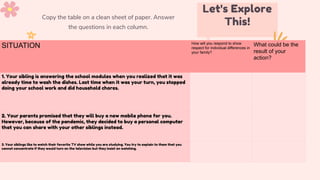SITUATION How will you respond to show
respect for individual differences in
your family?
What could be the
result of your
action?
1. Your sibling is answering the school modules when you realized that it was
already time to wash the dishes. Last time when it was your turn, you stopped
doing your school work and did household chores.
2. Your parents promised that they will buy a new mobile phone for you.
However, because of the pandemic, they decided to buy a personal computer
that you can share with your other siblings instead.
3. Your siblings like to watch their favorite TV show while you are studying. You try to explain to them that you
cannot concentrate if they would turn on the television but they insist on watching.
Copy the table on a clean sheet of paper. Answer
the questions in each column.
Let's Explore
This!
 