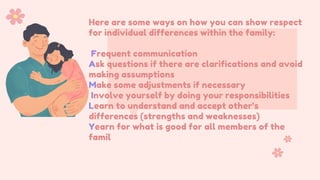 Here are some ways on how you can show respect
for individual differences within the family:
Frequent communication
Ask questions if there are clarifications and avoid
making assumptions
Make some adjustments if necessary
Involve yourself by doing your responsibilities
Learn to understand and accept other’s
differences (strengths and weaknesses)
Yearn for what is good for all members of the
famil
 