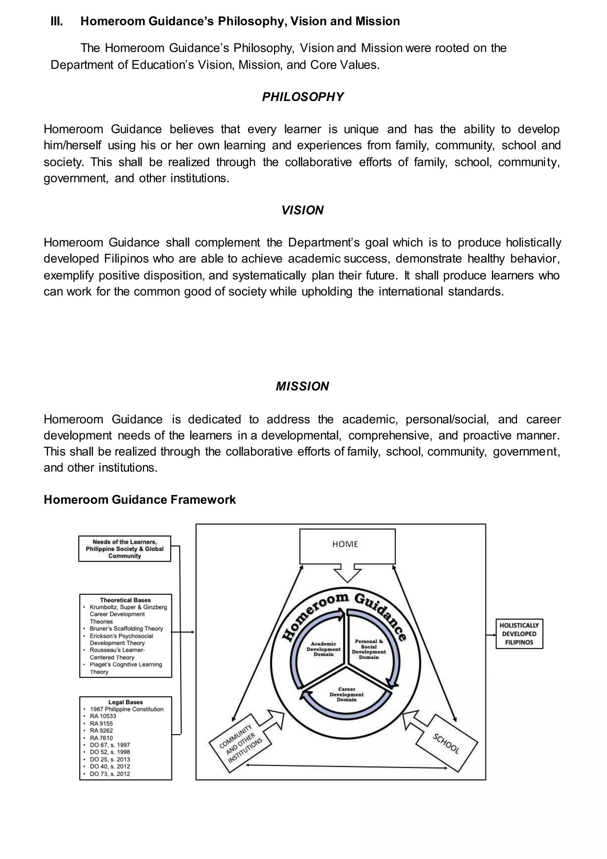 III. Homeroom Guidance’s Philosophy, Vision and Mission
The Homeroom Guidance’s Philosophy, Vision and Mission were rooted on the
Department of Education’s Vision, Mission, and Core Values.
PHILOSOPHY
Homeroom Guidance believes that every learner is unique and has the ability to develop
him/herself using his or her own learning and experiences from family, community, school and
society. This shall be realized through the collaborative efforts of family, school, community,
government, and other institutions.
VISION
Homeroom Guidance shall complement the Department’s goal which is to produce holistically
developed Filipinos who are able to achieve academic success, demonstrate healthy behavior,
exemplify positive disposition, and systematically plan their future. It shall produce learners who
can work for the common good of society while upholding the international standards.
MISSION
Homeroom Guidance is dedicated to address the academic, personal/social, and career
development needs of the learners in a developmental, comprehensive, and proactive manner.
This shall be realized through the collaborative efforts of family, school, community, government,
and other institutions.
Homeroom Guidance Framework
 