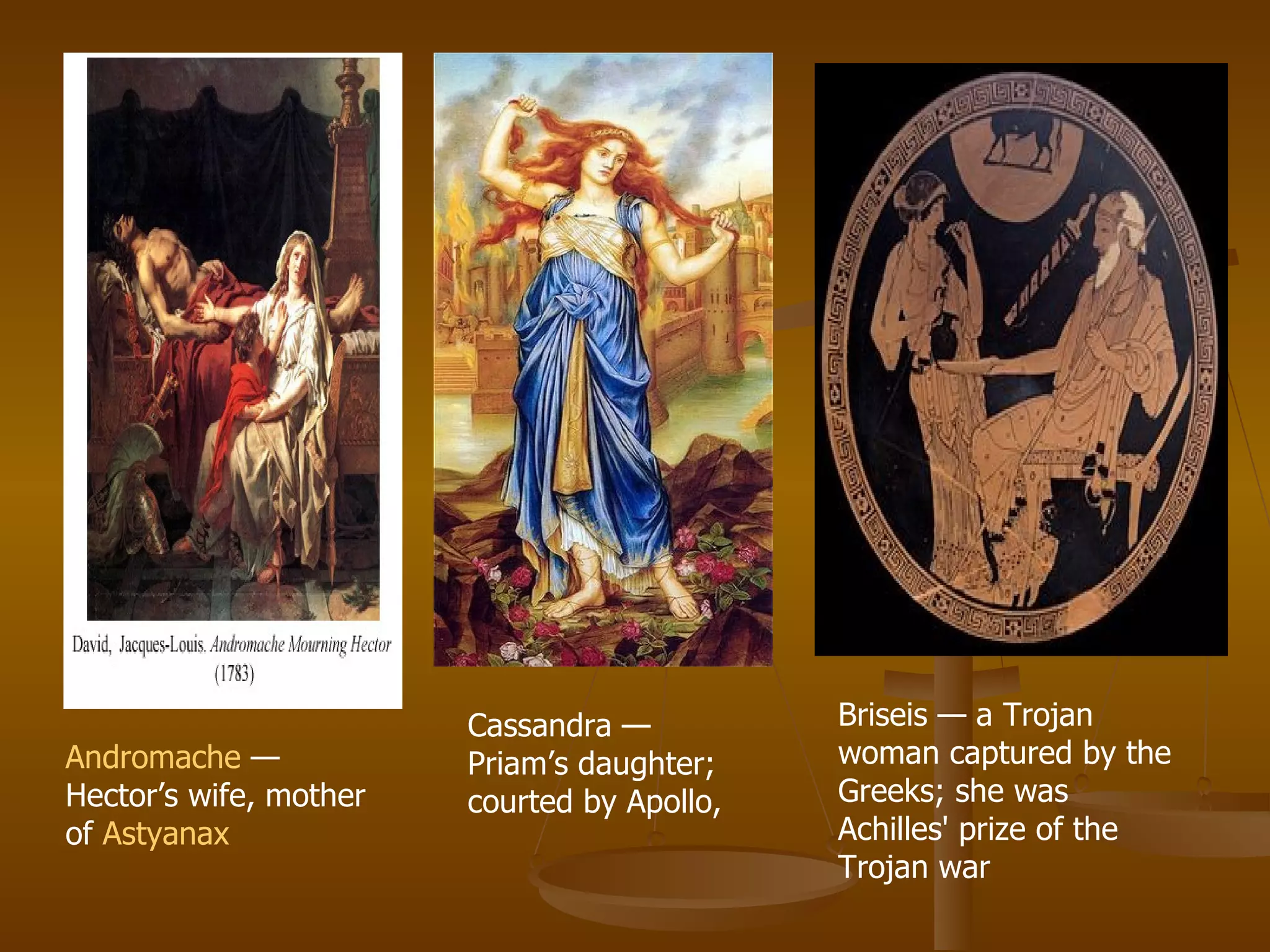 Andromache  — Hector’s wife, mother of  Astyanax   Cassandra — Priam’s daughter; courted by Apollo,  Briseis — a Trojan woman captured by the Greeks; she was Achilles' prize of the Trojan war  