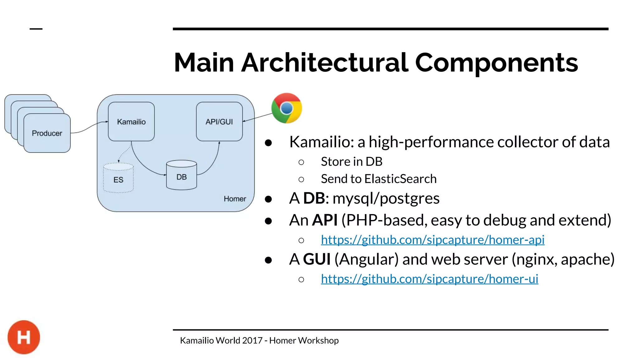 Main Architectural Components
● Kamailio: a high-performance collector of data
○ Store in DB
○ Send to ElasticSearch
● A DB: mysql/postgres
● An API (PHP-based, easy to debug and extend)
○ https://github.com/sipcapture/homer-api
● A GUI (Angular) and web server (nginx, apache)
○ https://github.com/sipcapture/homer-ui
Kamailio World 2017 - Homer Workshop
 