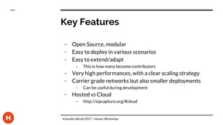 Key Features
- Open Source, modular
- Easy to deploy in various scenarios
- Easy to extend/adapt
- This is how many become contributors
- Very high performances, with a clear scaling strategy
- Carrier grade networks but also smaller deployments
- Can be useful during development
- Hosted vs Cloud
- http://sipcapture.org/#cloud
Kamailio World 2017 - Homer Workshop
 
