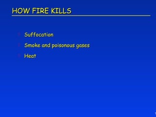 HOW FIRE KILLS


    Suffocation
    Smoke and poisonous gases
    Heat




                                 1
 