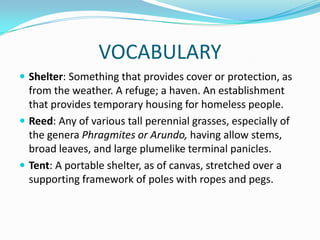 VOCABULARY
 Shelter: Something that provides cover or protection, as
from the weather. A refuge; a haven. An establishment
that provides temporary housing for homeless people.
 Reed: Any of various tall perennial grasses, especially of
the genera Phragmites or Arundo, having allow stems,
broad leaves, and large plumelike terminal panicles.
 Tent: A portable shelter, as of canvas, stretched over a
supporting framework of poles with ropes and pegs.
 