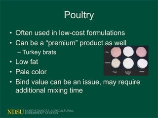 Poultry
• Often used in low-cost formulations
• Can be a “premium” product as well
– Turkey brats
• Low fat
• Pale color
• Bind value can be an issue, may require
additional mixing time
 