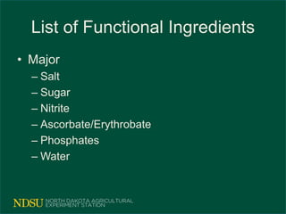 List of Functional Ingredients
• Major
– Salt
– Sugar
– Nitrite
– Ascorbate/Erythrobate
– Phosphates
– Water
 