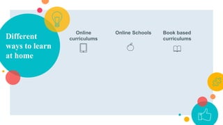 Online
curriculums
Online Schools Book based
curriculumsDifferent
ways to learn
at home
 