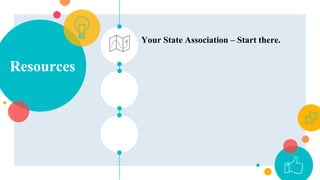 Resources
Your State Association – Start there.
 