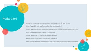 Works Cited
https://nces.ed.gov/programs/digest/d13/tables/dt13_206.10.asp
http://www.lds-nha.org/homeschooling-philosophies/
http://www.doe.in.gov/student-services/home-school/homeschool-help-sheet
http://www.pheofca.org/legalfactsheet.html
https://www.cde.ca.gov/sp/ps/homeschool.asp
https://nces.ed.gov/fastfacts/display.asp?id=91
http://www.ultimatecampresource.com/site/camp-activities/camp-videos.html
 