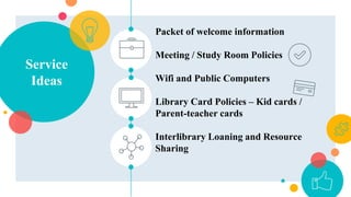 Service
Ideas
Packet of welcome information
Meeting / Study Room Policies
Wifi and Public Computers
Library Card Policies – Kid cards /
Parent-teacher cards
Interlibrary Loaning and Resource
Sharing
 