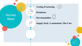 Service
Ideas
Testing Proctoring
Databases
Downloadables
Supply Desk | Lamination | Die Cuts
 