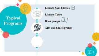 Typical
Programs
Library Skill Classes
Library Tours
Book groups
Arts and Crafts groups
 