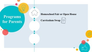 Programs
for Parents
Homeschool Fair or Open House
Curriculum Swap
 
