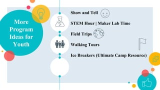 More
Program
Ideas for
Youth
Show and Tell
STEM Hour | Maker Lab Time
Field Trips
Walking Tours
Ice Breakers (Ultimate Camp Resource)
 