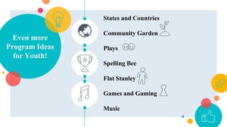 Even more
Program Ideas
for Youth!
States and Countries
Community Garden
Plays
Spelling Bee
Flat Stanley
Games and Gaming
Music
 